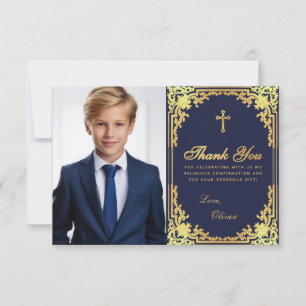 Confirmation Navy Blue Faux Gold Vintage Boy Photo Thank You Card