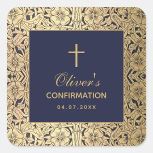 Confirmation Navy Blue Gold Roses Elegant Vintage Square Sticker