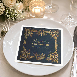Confirmation Navy Blue Gold Vines Vintage Elegant Napkin