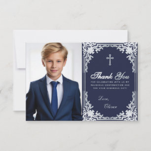Confirmation Navy Blue Silver Vintage Boy Photo Thank You Card