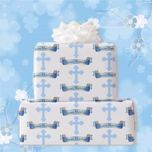 Confirmation or Baptism Boy's Name Blue Cross Wrapping Paper