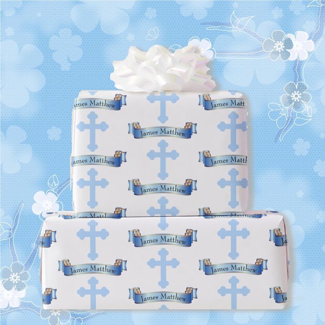 Confirmation or Baptism Boy's Name Blue Cross Wrapping Paper (Creator Uploaded)