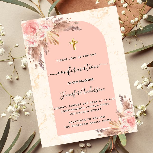 Confirmation pampas grass marble rose gold blush invitation postcard (Creator Uploaded)