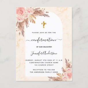 Confirmation pampas grass rose gold blush marble invitation postcard