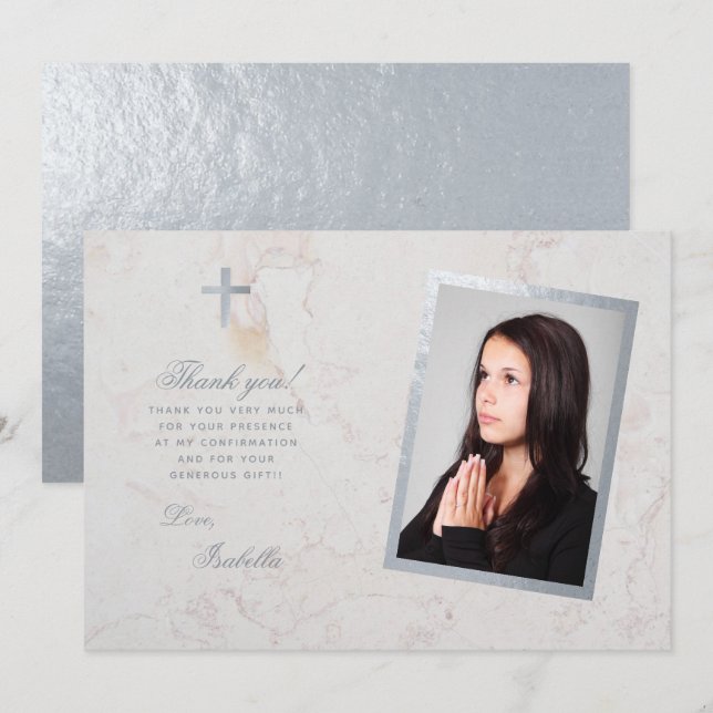 Confirmation Photo Faux Silver White Marble Script Thank You Card (Front/Back)