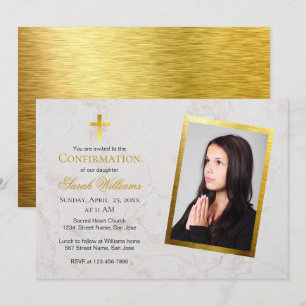 Confirmation Photo Marble Faux Gold Foil Script Invitation