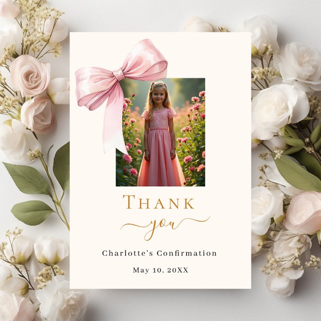 Confirmation pink bow photo cream thank you card (Creator Uploaded)
