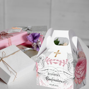 Confirmation pink floral silver modern girl favor box