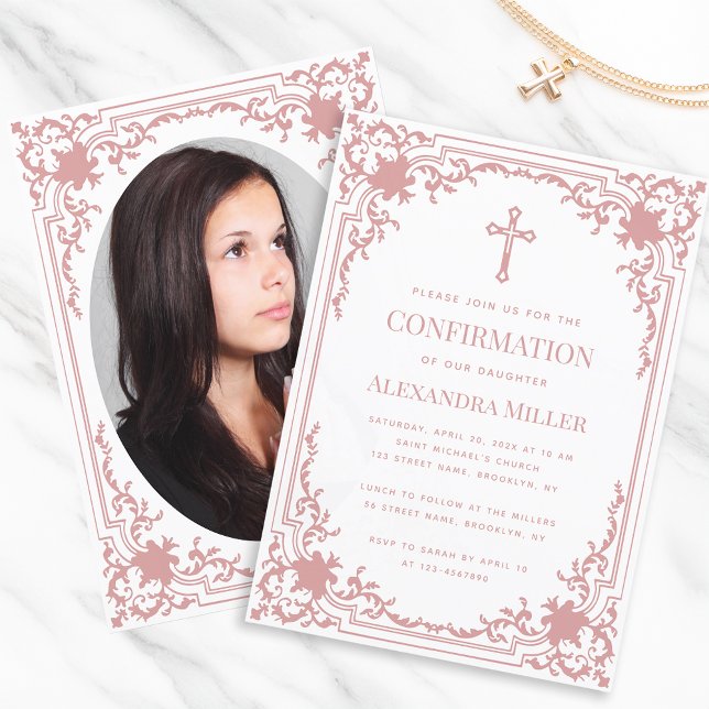 Confirmation Pink Girl Photo Dusty Rose Vintage Invitation (Creator Uploaded)