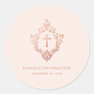 Confirmation Pink Rose Gold Vintage Cross in Crest Classic Round Sticker