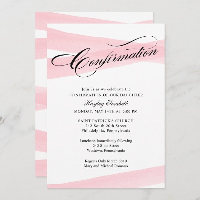 Confirmation, Pink Watercolor Ribbon Invitation (Devant / Derrière)