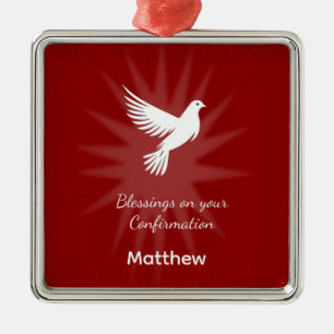 Confirmation Religious Red Dove Rays Design Metal Ornament