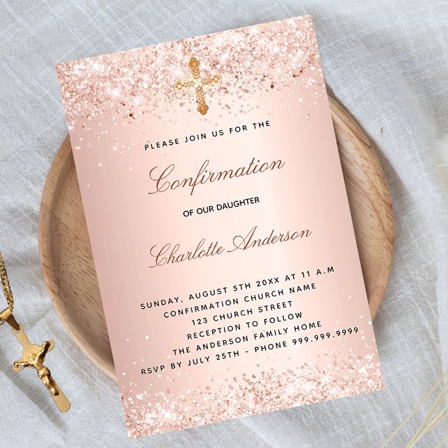 Confirmation rose gold glitter cross girl invitation postcard (Creator Uploaded)