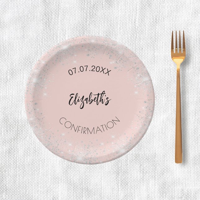Confirmation rose gold silver glitter girl name paper plate (Creator Uploaded)