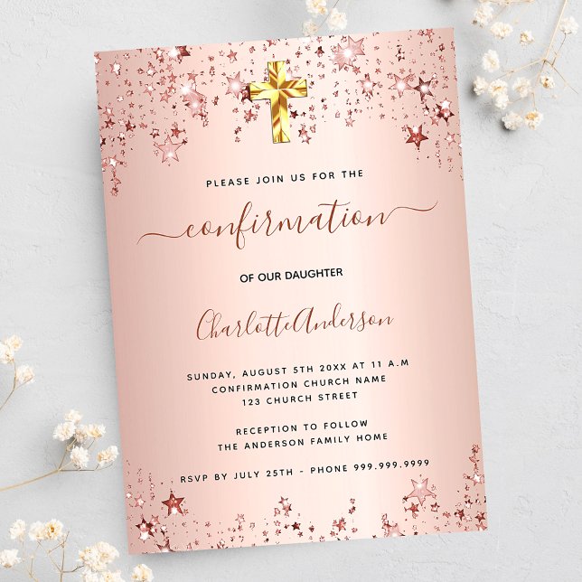 Confirmation rose gold stars girl elegant invitation (Creator Uploaded)