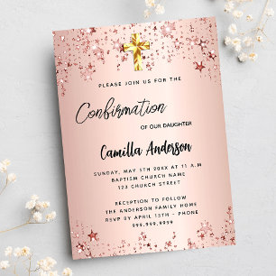 Confirmation rose gold stars girl script invitation