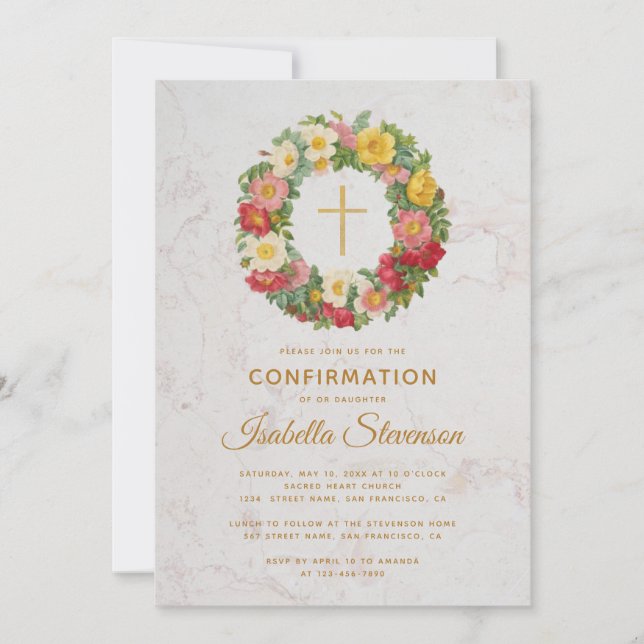 Confirmation Rose Wreath Gold Cross Floral Marble Invitation (Front)