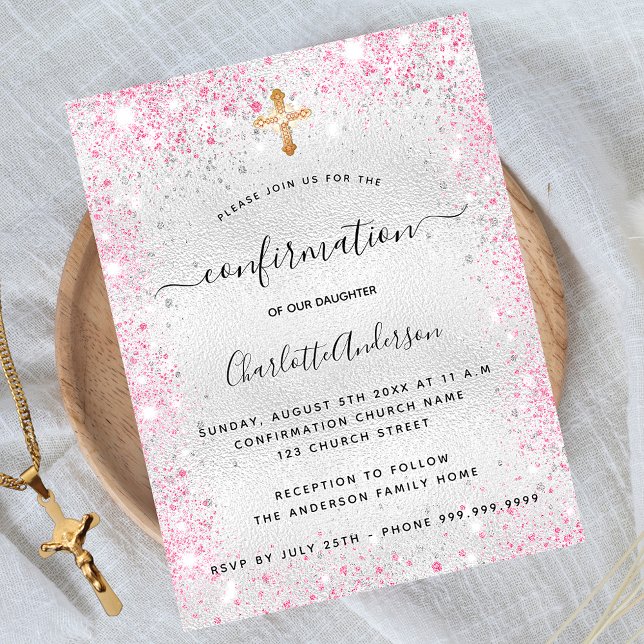 Confirmation silver glitter dust pink modern invitation (Creator Uploaded)