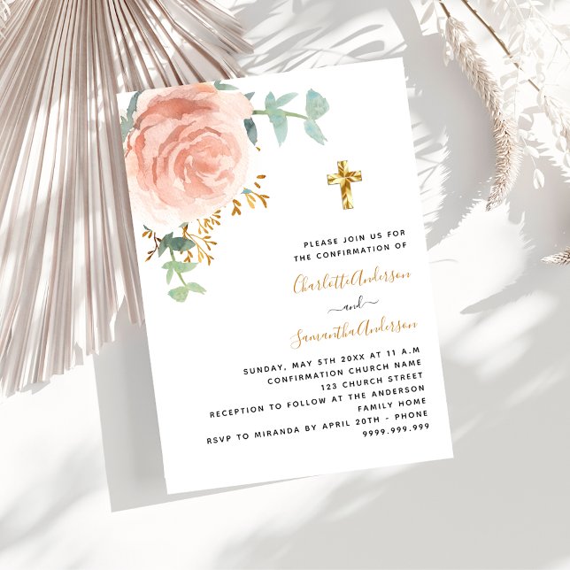 Confirmation twins girls rose gold floral cross invitation (Creator Uploaded)