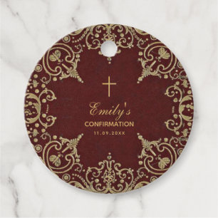 Confirmation Vintage Gold on Burgundy Red Elegant Favour Tags