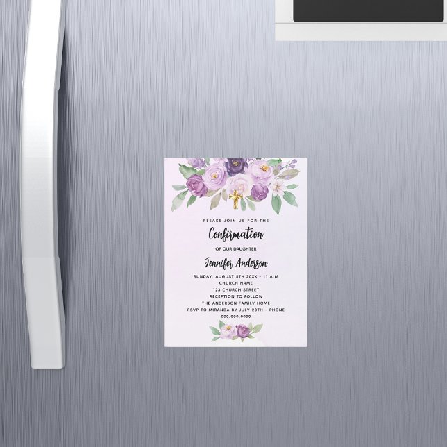 Confirmation violet flowers greenery cross luxury magnetic invitation (Creator Uploaded)