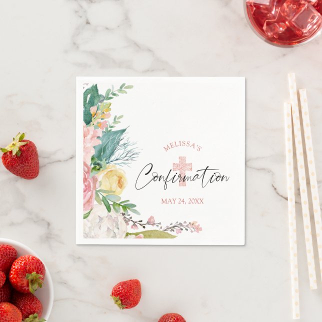 Confirmation Watercolor Floral Blush Pink Cross Napkin (Insitu)