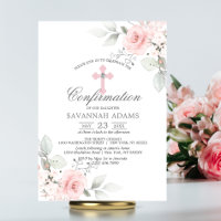 Confirmation Watercolor Pink Rose Girl Invitation