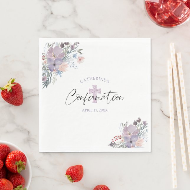 Confirmation Watercolor Wildflowers Cross Purple Napkin (Insitu)