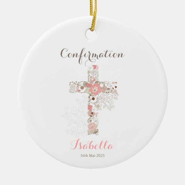 Confirmation white floral cross  ceramic ornament (Front)