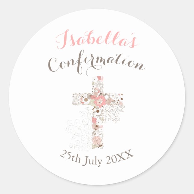 Confirmation white floral cross name classic round sticker (Front)