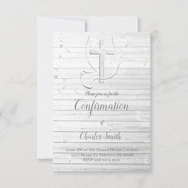 confirmation white wood rustic invitation (Front)