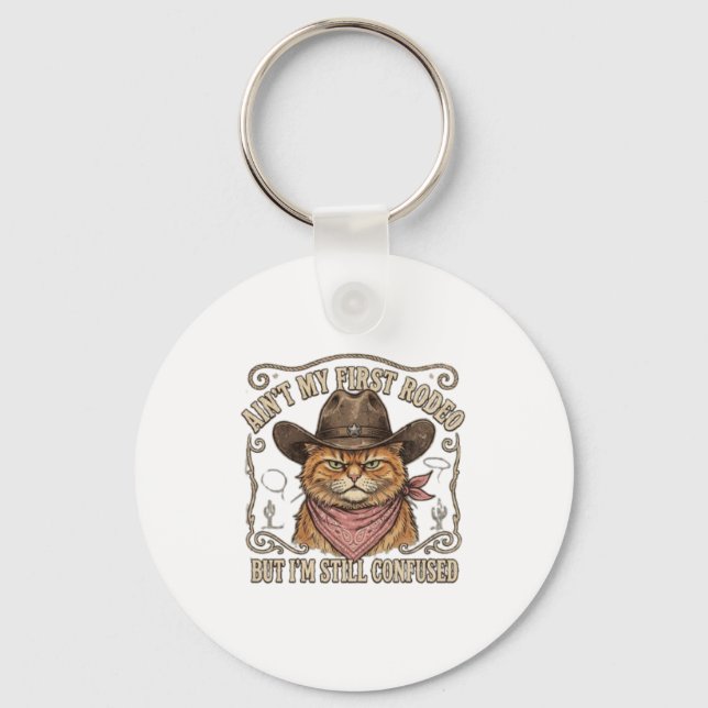 Confused Cowboy Cat Rodeo Keychain (Front)
