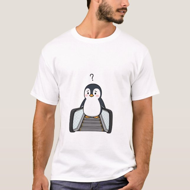 Confused Cute Penguin Standing on Escalator T-Shirt (Front)
