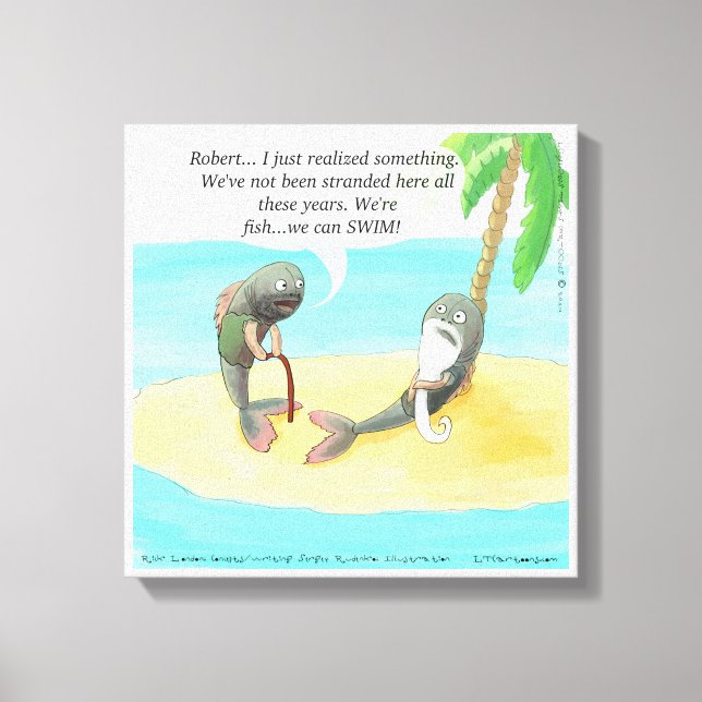 Confused Fish On Desert Island Funny Canvas Print (Front)