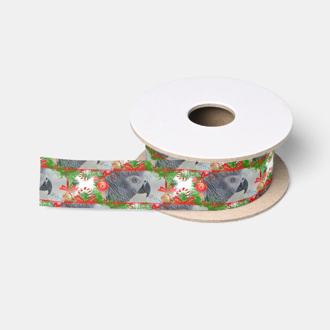 Congo African Grey Parrot Christmas Satin Ribbon (Spool)