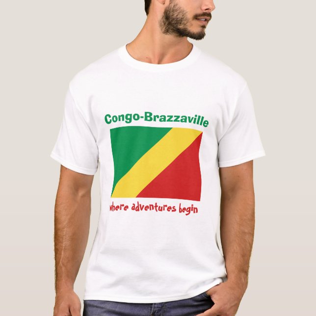 Congo-Brazzaville Flag + Map + Text T-Shirt (Front)