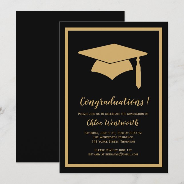 "Congraduations" Faux Gold / Black Grad Invitation (Devant / Derrière)