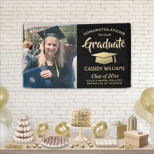 Congrats 1 Photo Black and Gold Modern Graduation Banner