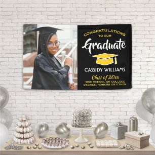 Congrats 1 Photo Black Gold Yellow Graduation Banner