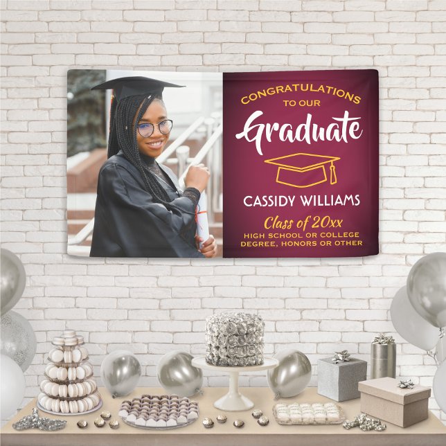 Congrats 1 Photo Maroon Red Gold Yellow Graduation Banner (Creator Uploaded)