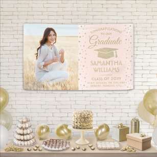 Congrats 1 Photo Pink and Gold Glitter Graduation Banner
