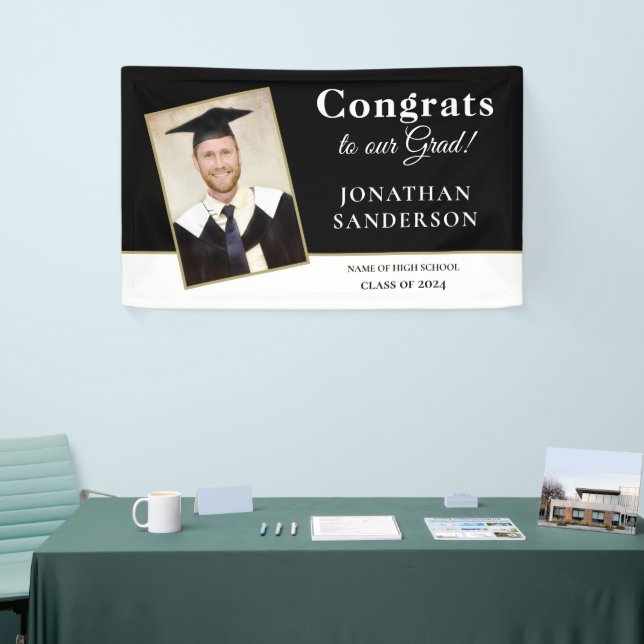 Congrats 2025 Grad Name Photo Black White Gold Banner (Tradeshow)