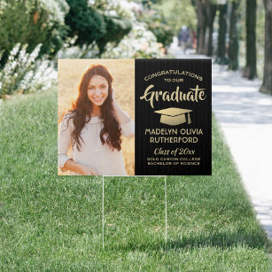 Congrats 2 Photo Black and Gold Graduation Yard Garden Sign