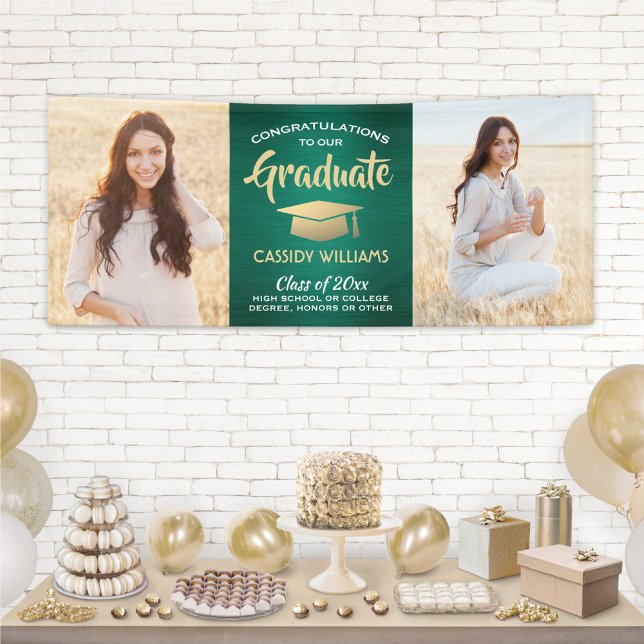 Congrats 2 Photo Green Gold and White Graduation Banner (Creator Uploaded)