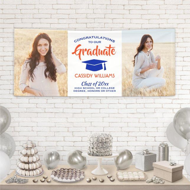 Congrats 2 Photo Modern Orange and Blue Graduation Banner (Creator Uploaded)