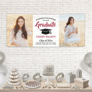Congrats 2 Photo Modern Red Black White Graduation Banner