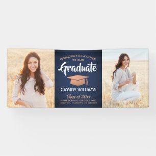 Congrats 2 Photo Navy Blue White Copper Graduation Banner