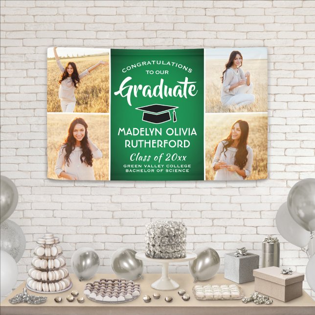 Congrats 4 Photo Green White & Black Graduation Banner (Creator Uploaded)