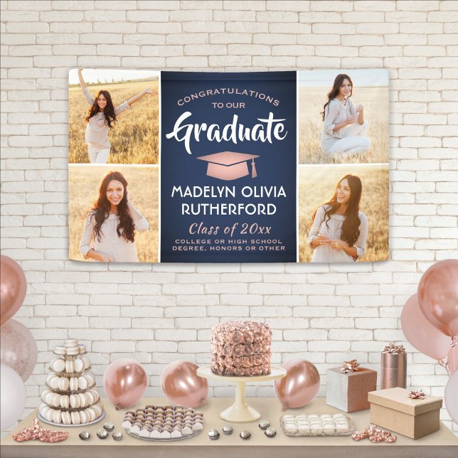 Congrats 4 Photo Navy Blue Pink & White Graduation Banner (Creator Uploaded)