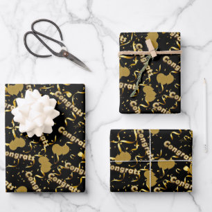 Congrats Black Gold Confetti Balloons Celebration Wrapping Paper Sheet